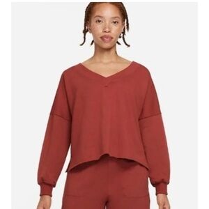 Nike Yoga Luxe Women’s Sweatshirt Fleece V-Neck Redstone Brown Size XS